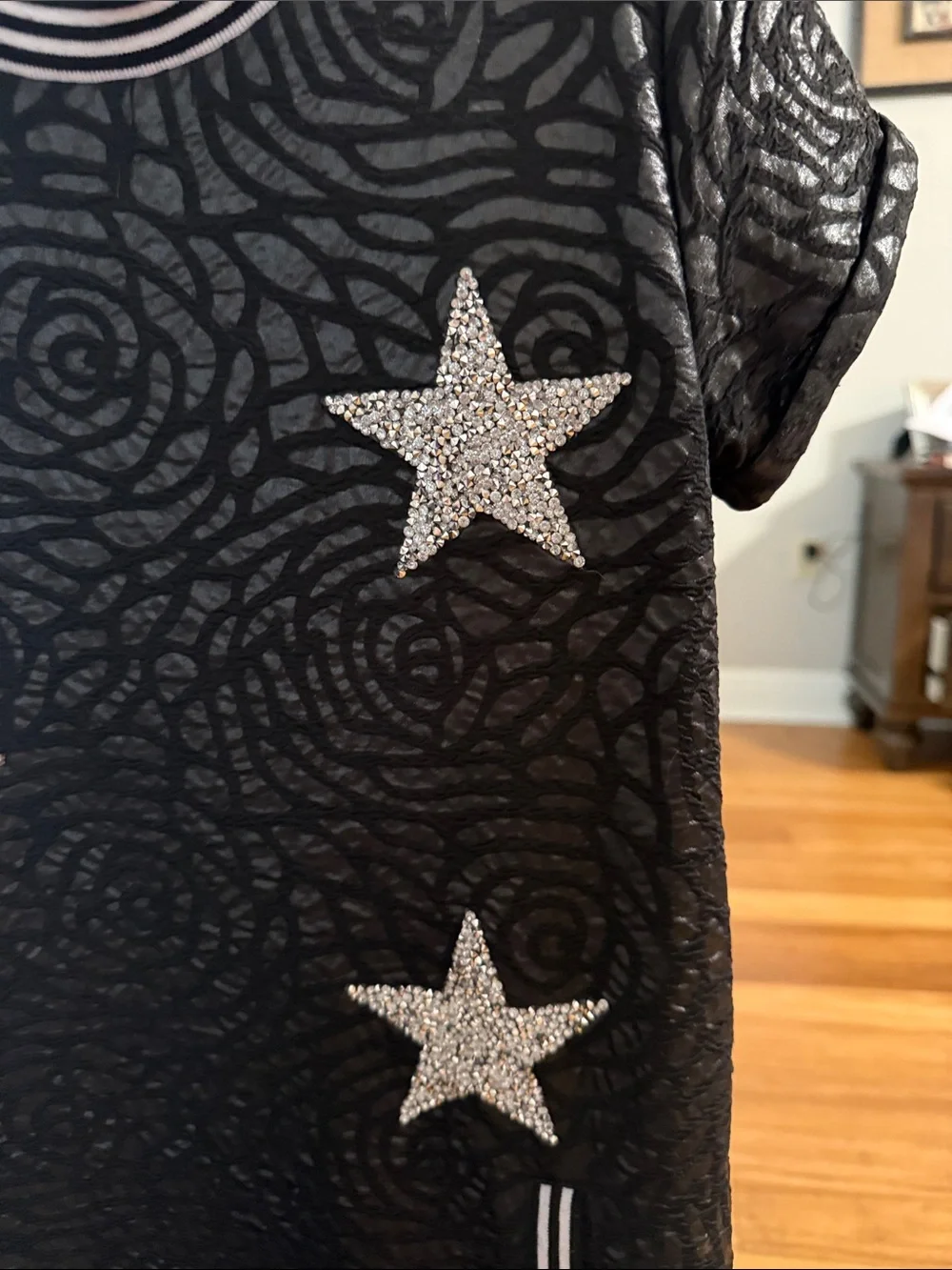 MIA Black Short Sleeve Dress with Silver Glitter Stars, Medium
